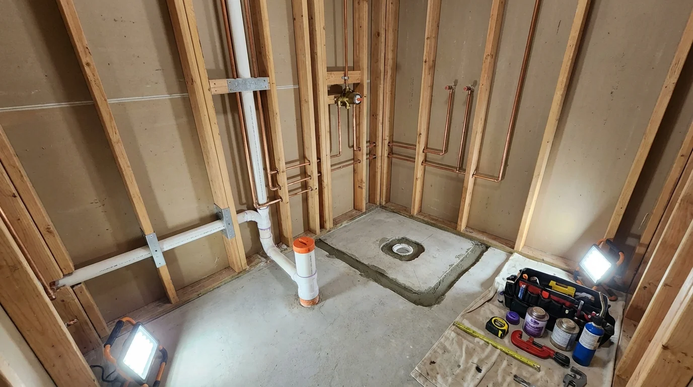Bathroom rough-in plumbing during remodel by Johns Plumbing LLC in Superior