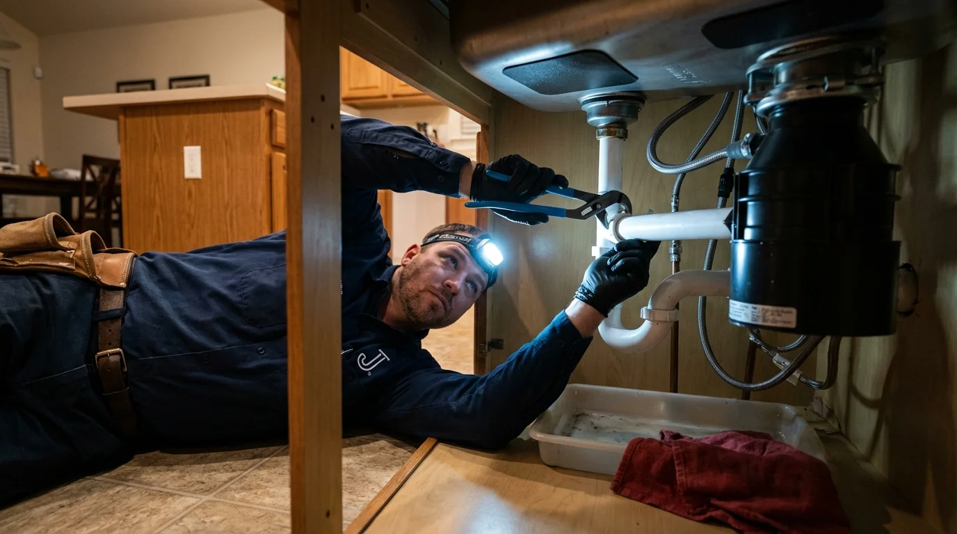 P-trap and supply line connections under a kitchen sink showing a common leak point in Superior, AZ